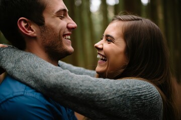 Joyful Couple Embrace in Forest Setting