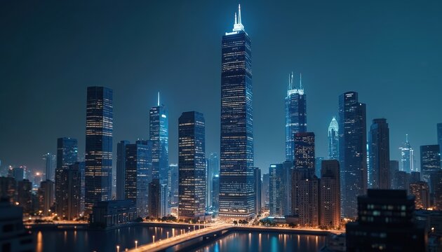 Nighttime cityscape showcases modern illuminated skyscrapers. The urban skyline features a dense collection of highrise buildings with glowing windows and sharp architectural details.