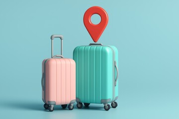 Obraz premium Pastel luggage resting on blue backdrop, gps marker hovering overhead, signaling wanderlust and travel destination selection for upcoming journey