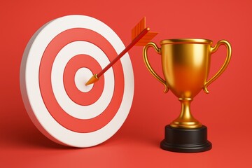 Arrow piercing bullseye near golden trophy, highlighting precise goal achievement and business success symbolism with competitive precision