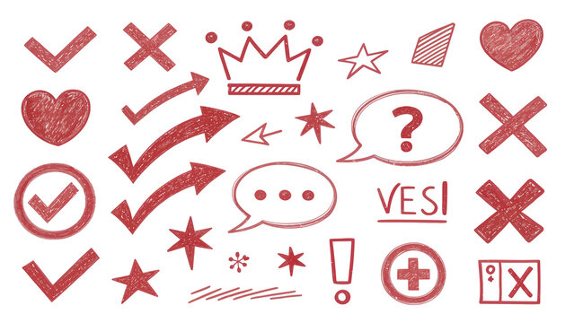 Hand-Drawn Red Doodle Icon Set with Arrows, Stars, Hearts, Speech Bubbles, and Symbols on a White Background