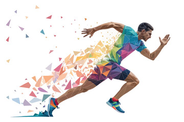 Dynamic runner explodes into colorful triangles, conveying speed, power, and athleticism for...