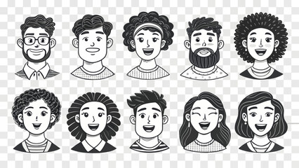 Diverse Group of Illustrated Faces: A Cheerful Collection of Unique Characters Smiling on Transparent Background