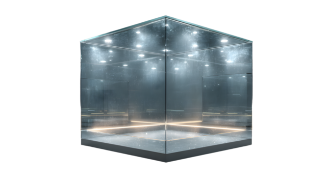 Modern empty glass display cube, isolated on transparent background, ideal for exhibitions and retail showcases to highlight products.