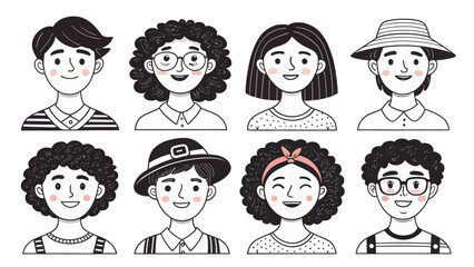 Diverse Group of Cartoon People: Hand-Drawn Faces Showcasing Various Hairstyles, Accessories, and Clothing on White Background