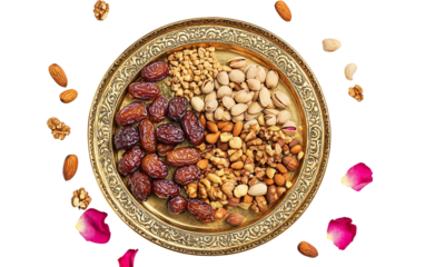 Golden tray with assorted dates nuts and rosary beads arranged for a traditional celebration isolated on transparent background PNG