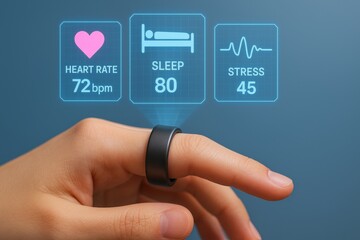 Smart ring wearing hand revealing health metrics, tracking heart rate, sleep quality, and stress levels, representing advanced wearable technology for personal wellness monitoring