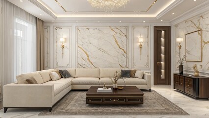 An elegant and modern living room features a plush off-white sofa and matching chaise lounge, centered around a dark coffee table, all set against a stunning white and gold marble accent wall with sop