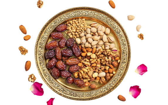 Golden tray with assorted dates nuts and rosary beads arranged for a traditional celebration isolated on transparent background PNG