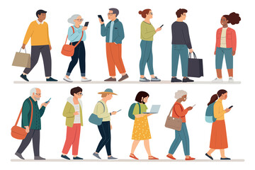 Diverse group of people walking using various technologies and carrying bags against white background, vector style with neutral colors.