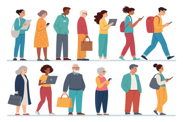 Diverse group of people walking and standing, using technology, showcasing modern lifestyle in a minimalist artistic style.