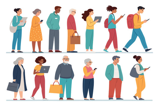 Diverse group of people walking and standing, using technology, showcasing modern lifestyle in a minimalist artistic style.