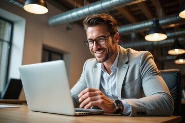 Smiling Businessman Working on Laptop in Bright Office