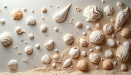 Textured wall art features assorted seashells in various sizes, colors, arranged with sand. Coastal-inspired decor evokes beachy summer vibe, perfect for home interiors, vacation spaces, natural art