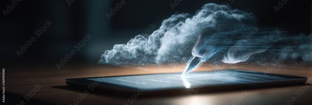 Poster collaborative cloud document glowing on screen with real-time edits in a dimly lit workspace during 