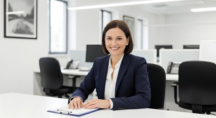 Confident businesswoman smiles at desk in modern, bright corporate office setting