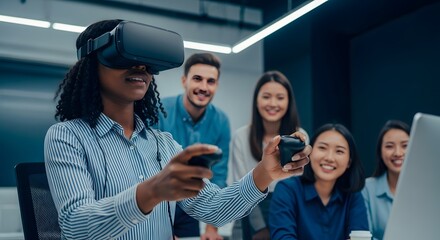 Smiling person using VR headset and controller in office