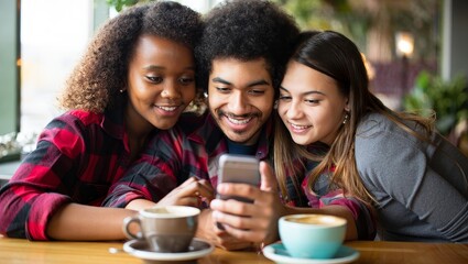 Three Friends Sharing a Laugh While Looking at a Smartphone in a Cafe