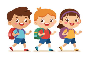 Three happy cartoon children with backpacks walking together ready for school or adventure