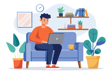 Young man working on a laptop while relaxing on a comfortable couch surrounded by plants and books