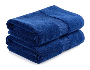 Two folded, navy-blue bath towels stacked on white background