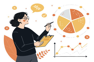 Cartoon Woman Analyzing Business Data with Charts and Graphs, Looking Optimistic with Clipboard and...