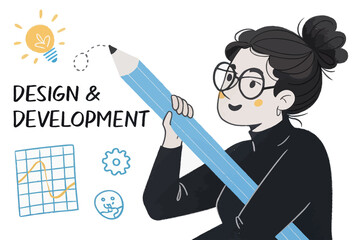 Creative designer with an oversized pencil illustrating design and development concepts for innovative digital solutions in modern art style.