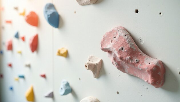 Colorful climbing holds on indoor rock climbing wall   - Powered by Adobe