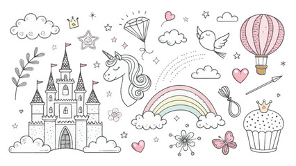 Whimsical Fantasy Doodles Featuring a Majestic Castle, Dreamy Unicorn, Colorful Rainbow, Sweet Cupcake, and Floating Hot Air Balloon © junaid