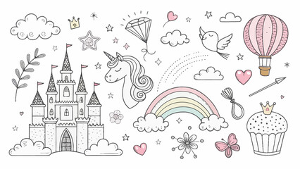 Whimsical Fantasy Doodles Featuring a Majestic Castle, Dreamy Unicorn, Colorful Rainbow, Sweet...