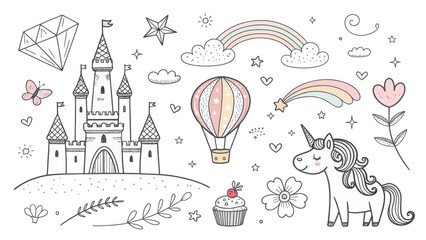 Enchanting Hand-Drawn Doodle Clipart Featuring a Magical Castle, Sparkling Diamond, Dreamy Unicorn,...
