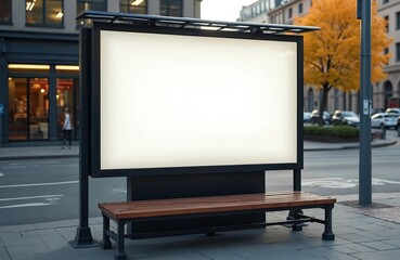 Blank billboard mockup with wooden bench on city street sidewalk. Urban advertising space for promotion and marketing. Public display template with copy space. Autumn season with yellow tree visible.