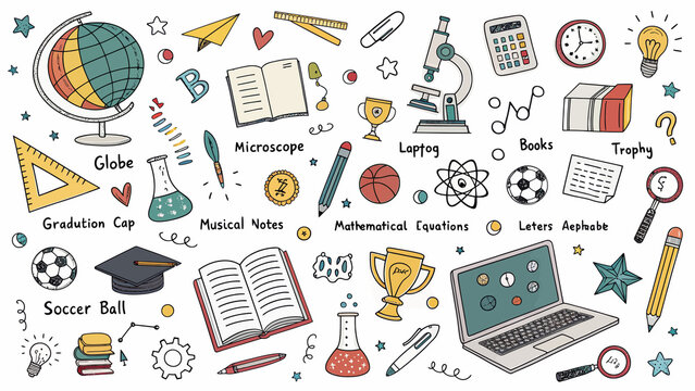 Educational Doodle Extravaganza: A Whimsical Collection of Learning Icons for Creative Projects and Back to School Fun.