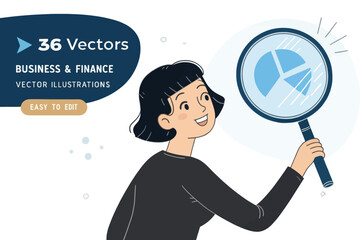 Vector Illustration of Businesswoman Examining Financial Data with Magnifying Glass for Business and Finance Concept Design