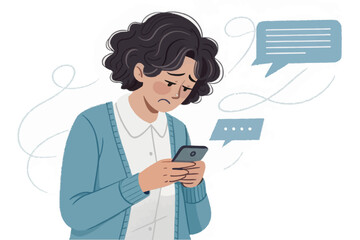 Upset Brunette Woman Reading Messages on Smartphone with Pensive Expression and Decorative Speech Bubbles on White Background.