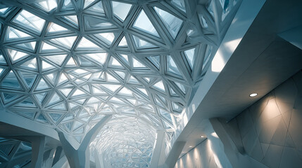 Futuristic glass roof showcases geometric pattern. Modern architecture for editorial, web, or marketing use. Light streams in, creating a unique abstract interior.