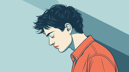 Cartoon Illustration of a Young Man with Downcast Eyes in Orange Shirt and Light Blue Background