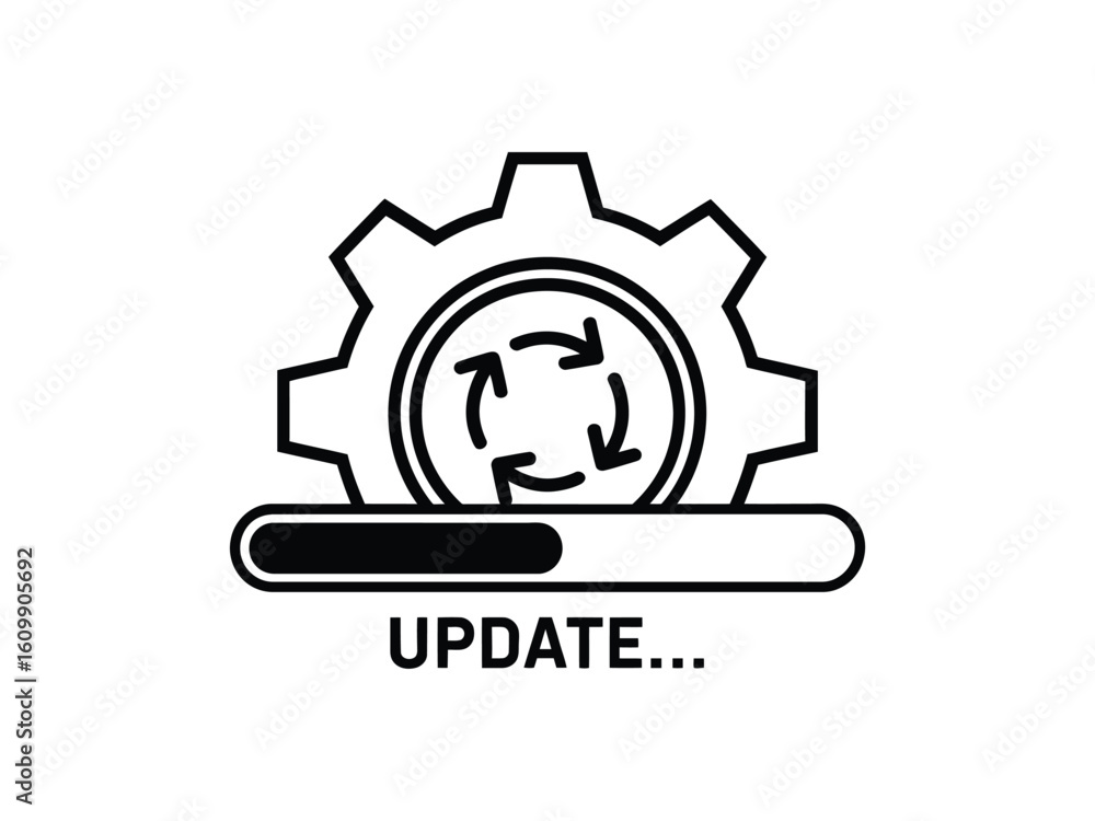 Poster dynamic gears and loading bar signify system progress and digital update completion, symbolizing tec