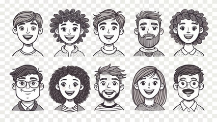 Diverse Cartoon People Collection: Hand-Drawn Smiling Faces in Black and White for Vector Illustration Projects and Various Creative Designs.