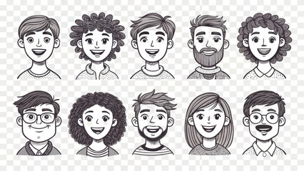 Diverse Cartoon People Collection: Hand-Drawn Smiling Faces in Black and White for Vector Illustration Projects and Various Creative Designs.