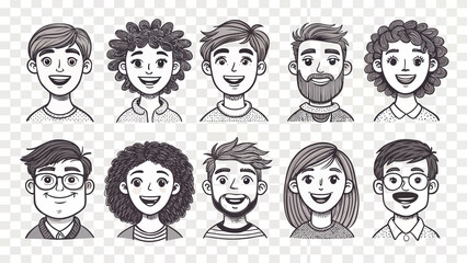 Diverse Cartoon People Collection: Hand-Drawn Smiling Faces in Black and White for Vector Illustration Projects and Various Creative Designs.