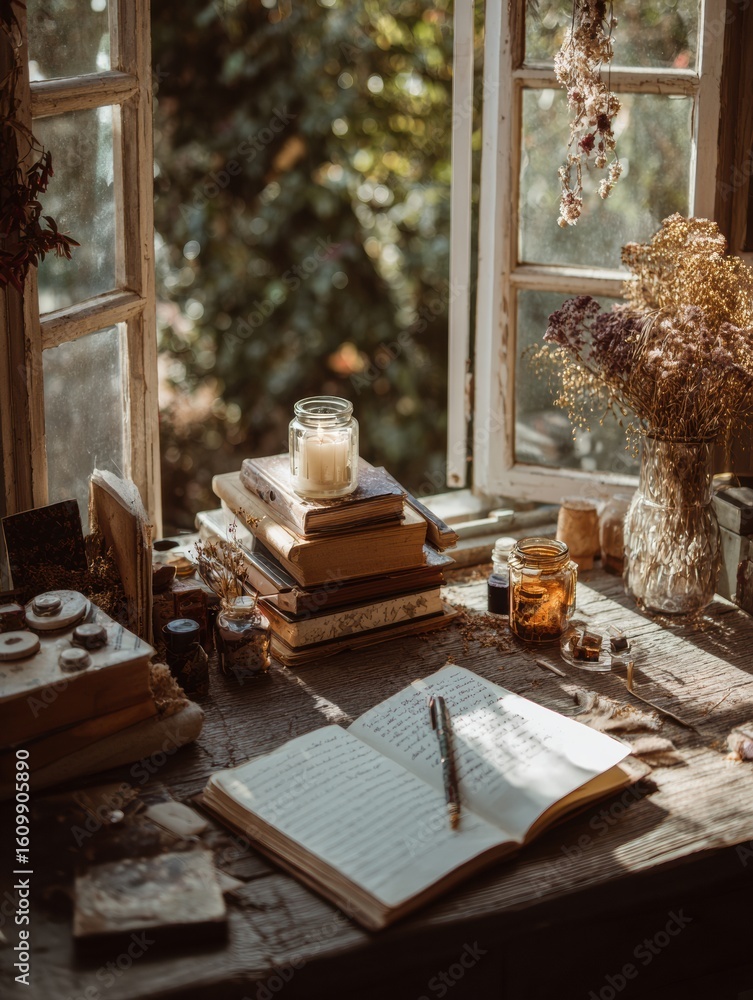 Poster workspace filled with books and journals illuminated by sunlight and candlelight creating a serene a