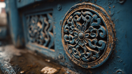 Ornate metalwork shows detail. Perfect for design, web backgrounds, or marketing materials. Decorative, antique, blue, architectural detail, weathered, artistic.