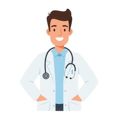 Fototapeta premium A caucasian man doctor in a white lab coat with a stethoscope around his neck, standing and smiling. Healthcare worker illustration.