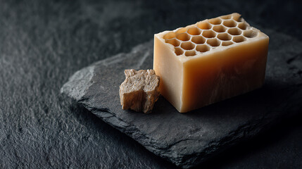 Pale Beige Natural Soap Bar with Honeycomb Imprint Resting on Dark Gray Slate Slab Next to a Small Brown Irregularly Shaped Stone