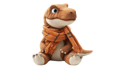 A plush dinosaur wearing a knitted scarf, sitting upright with a friendly expression, isolated on transparent background 