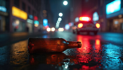 Abandoned beer bottle lies on wet city street at night. Blurred background shows police car with flashing lights, indicating possible crime scene accident related to alcohol. Dark urban environment