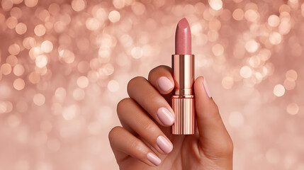 Rose Gold Lipstick Held in Hand Against Sparkling Background Soft Pink Nails Elegant Beauty Product Photography