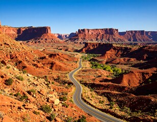 Winding road through a vibrant red canyon landscape under a clear blue sky