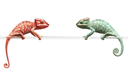 A chameleon mid-color change, half green and half red, perched on a transparent rod, isolated on transparent background 
